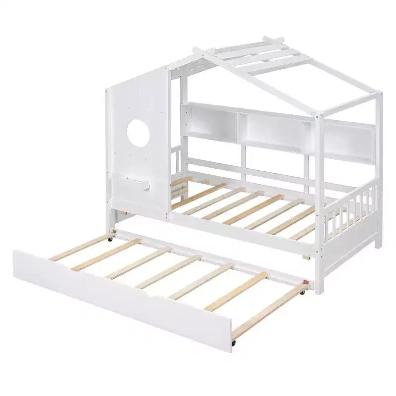 MAYEERTY Twin Size House Bed with Trundle Modern Design for Kids with Storage Shelf for Bedroom White