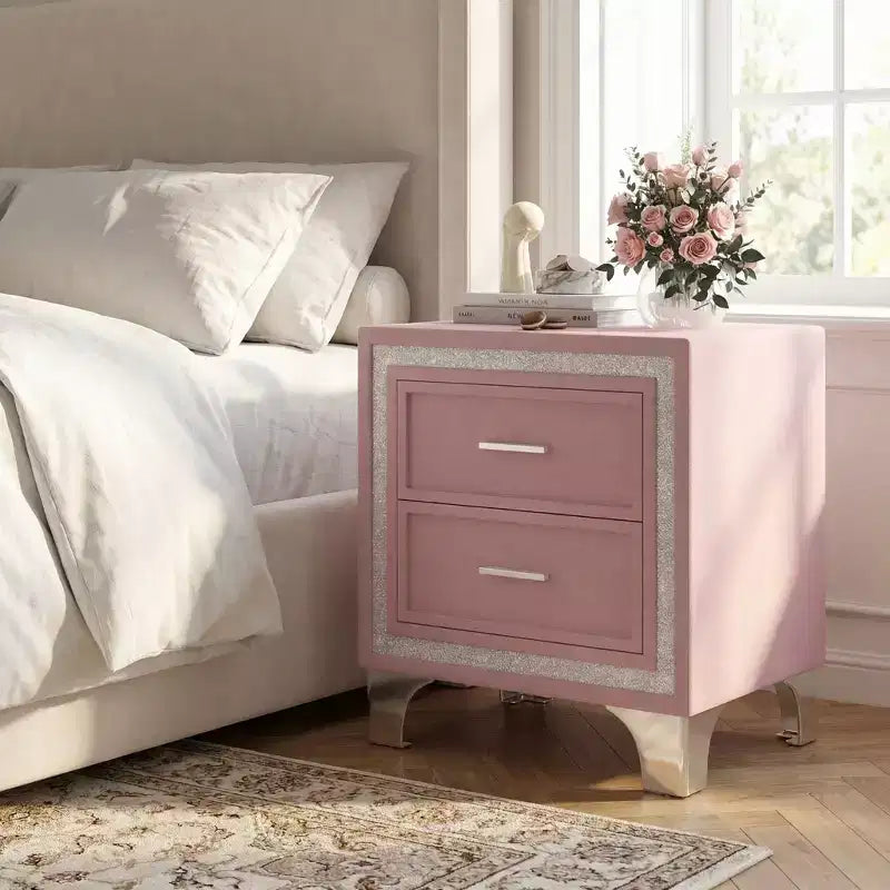 Elegant High Gloss Nightstand with Metal Handle, Mirrored Bedside Table with 2 Drawers for Bedroom,Living Room,Black