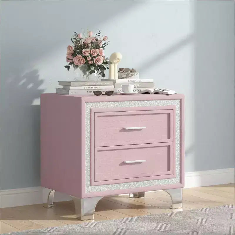 Elegant High Gloss Nightstand with Metal Handle, Mirrored Bedside Table with 2 Drawers for Bedroom,Living Room,Black