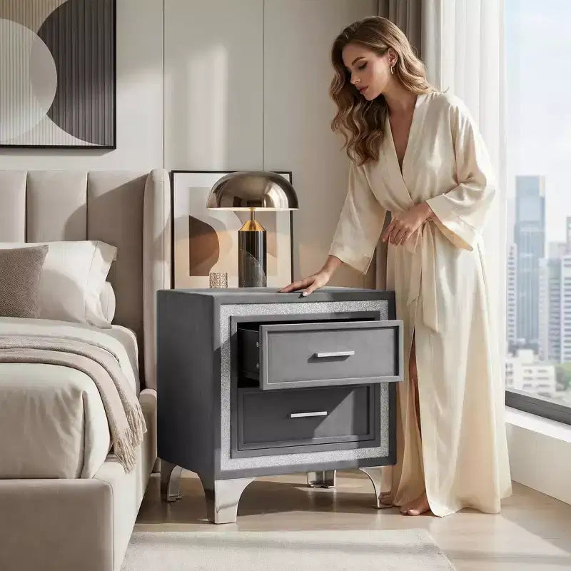 Elegant High Gloss Nightstand with Metal Handle, Mirrored Bedside Table with 2 Drawers for Bedroom,Living Room,Black