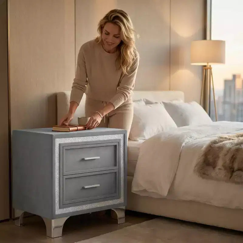 Elegant High Gloss Nightstand with Metal Handle, Mirrored Bedside Table with 2 Drawers for Bedroom,Living Room,Black