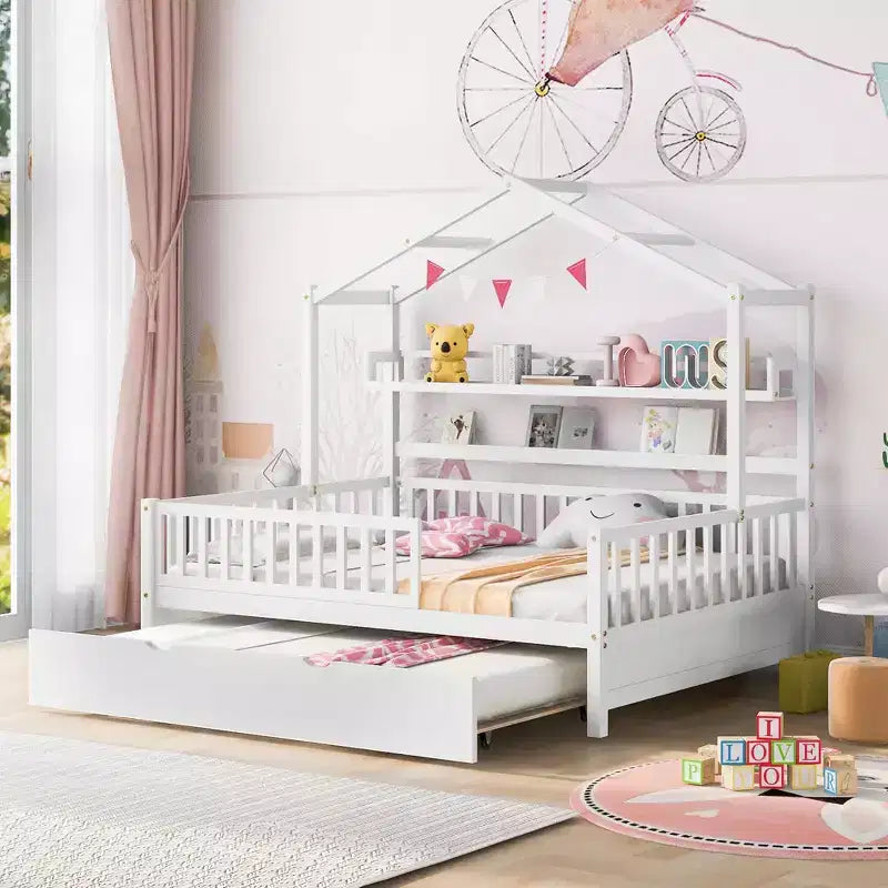 MAYEERTY Wooden Full Size House Bed with Twin Size Trundle Kids Bed with Shlef for Bedroom White