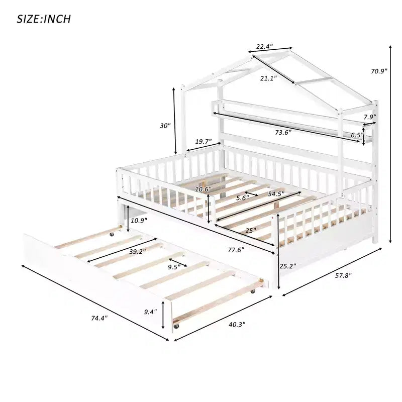 MAYEERTY Wooden Full Size House Bed with Twin Size Trundle Kids Bed with Shlef for Bedroom White