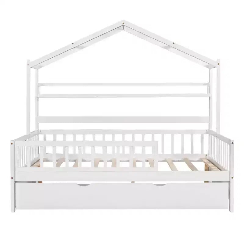 MAYEERTY Wooden Full Size House Bed with Twin Size Trundle Kids Bed with Shlef for Bedroom White