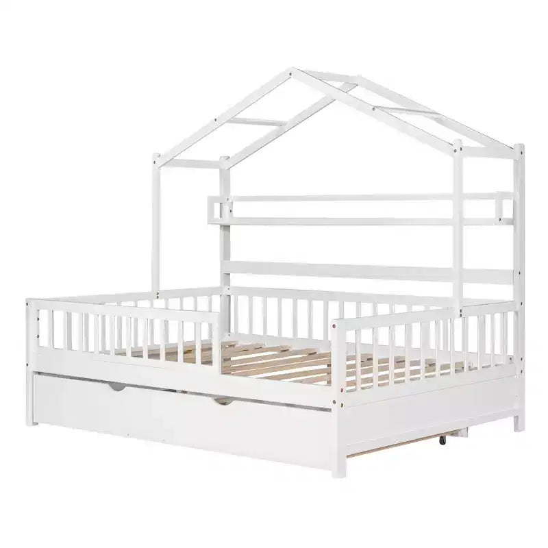 MAYEERTY Wooden Full Size House Bed with Twin Size Trundle Kids Bed with Shlef for Bedroom White