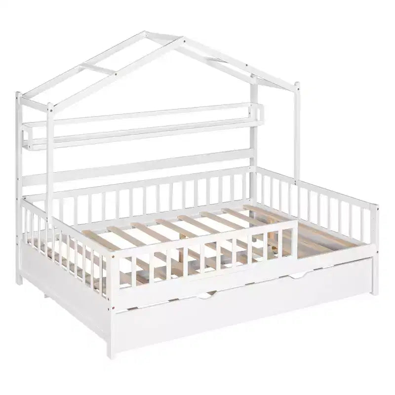 MAYEERTY Wooden Full Size House Bed with Twin Size Trundle Kids Bed with Shlef for Bedroom White