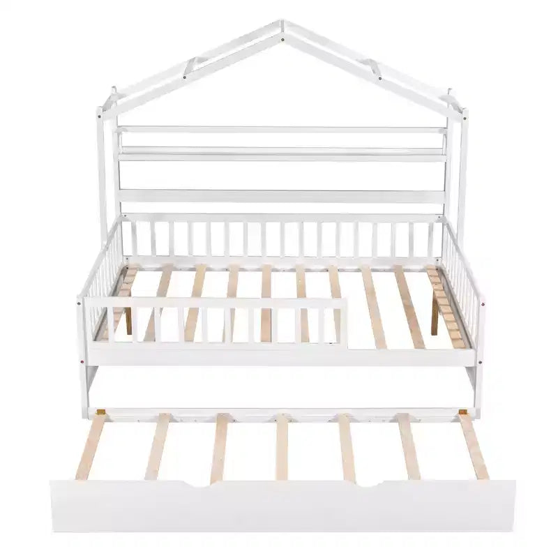 MAYEERTY Wooden Full Size House Bed with Twin Size Trundle Kids Bed with Shlef for Bedroom White