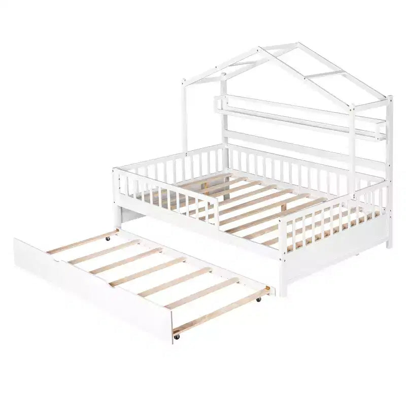 MAYEERTY Wooden Full Size House Bed with Twin Size Trundle Kids Bed with Shlef for Bedroom White