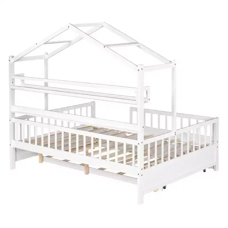 MAYEERTY Wooden Full Size House Bed with Twin Size Trundle Kids Bed with Shlef for Bedroom White