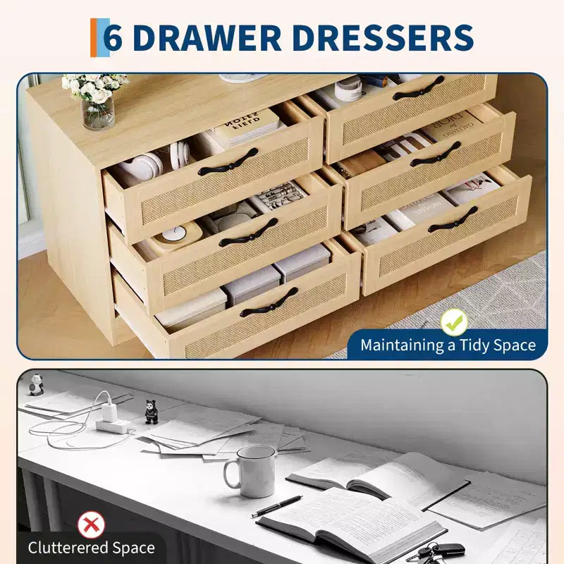 Modern TV Stand with Mount for 32-85 TVs  6-Drawer Rattan Dresser  Media Console with Generous Storage for Living Room or Bedroom