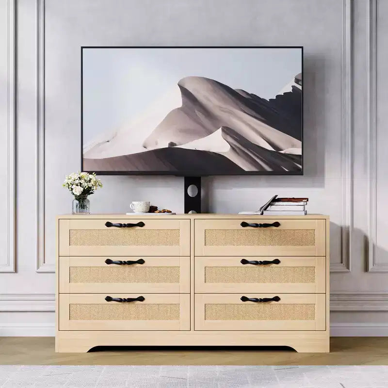 Modern TV Stand with Mount for 32-85 TVs  6-Drawer Rattan Dresser  Media Console with Generous Storage for Living Room or Bedroom