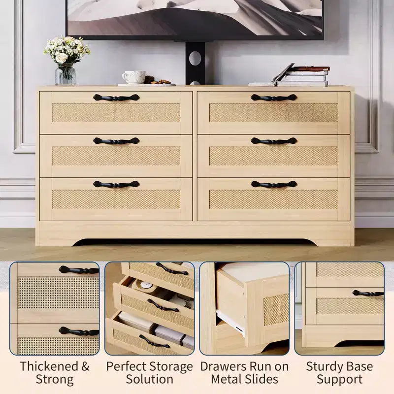 Modern TV Stand with Mount for 32-85 TVs  6-Drawer Rattan Dresser  Media Console with Generous Storage for Living Room or Bedroom