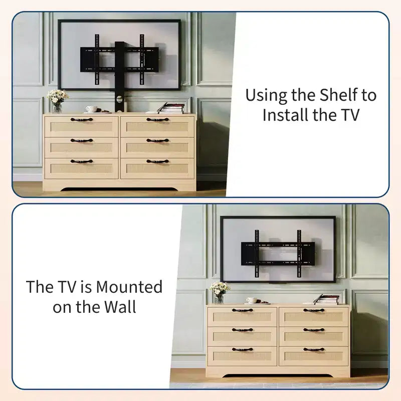 Modern TV Stand with Mount for 32-85 TVs  6-Drawer Rattan Dresser  Media Console with Generous Storage for Living Room or Bedroom