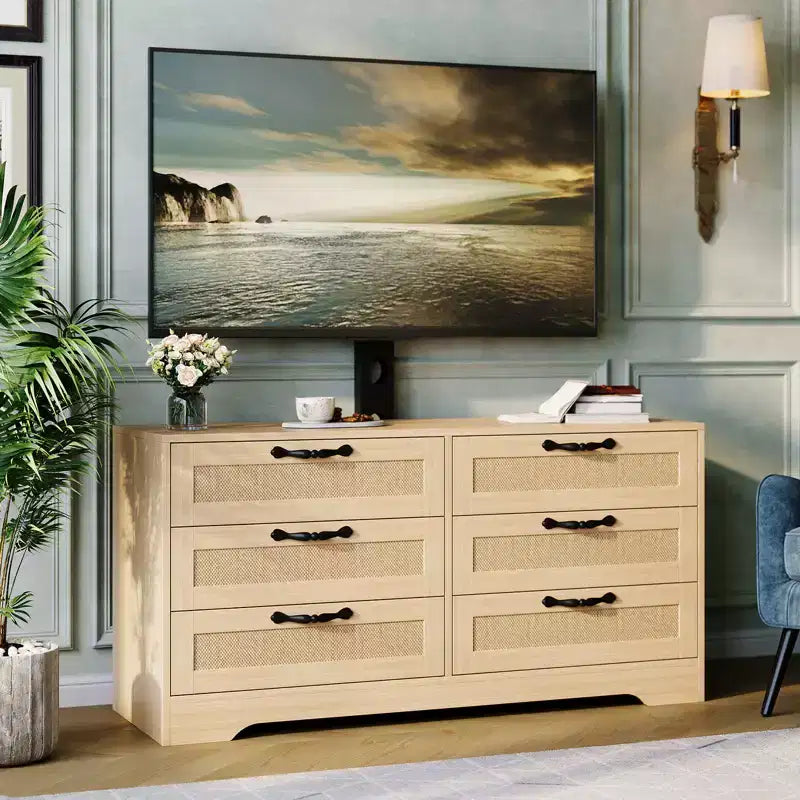 Modern TV Stand with Mount for 32-85 TVs  6-Drawer Rattan Dresser  Media Console with Generous Storage for Living Room or Bedroom