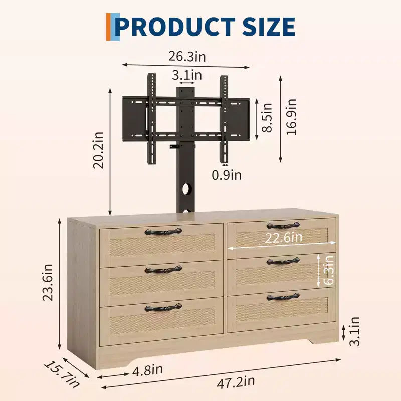 Modern TV Stand with Mount for 32-85 TVs  6-Drawer Rattan Dresser  Media Console with Generous Storage for Living Room or Bedroom