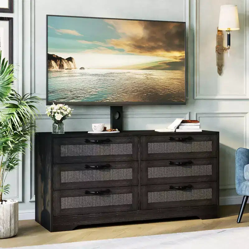 Modern TV Stand with Mount for 32-85 TVs  6-Drawer Rattan Dresser  Media Console with Generous Storage for Living Room or Bedroom