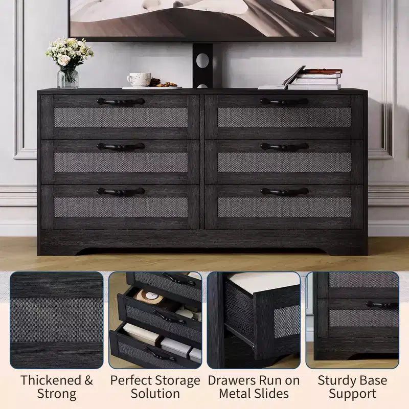 Modern TV Stand with Mount for 32-85 TVs  6-Drawer Rattan Dresser  Media Console with Generous Storage for Living Room or Bedroom