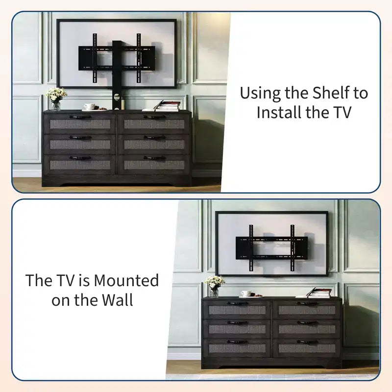 Modern TV Stand with Mount for 32-85 TVs  6-Drawer Rattan Dresser  Media Console with Generous Storage for Living Room or Bedroom