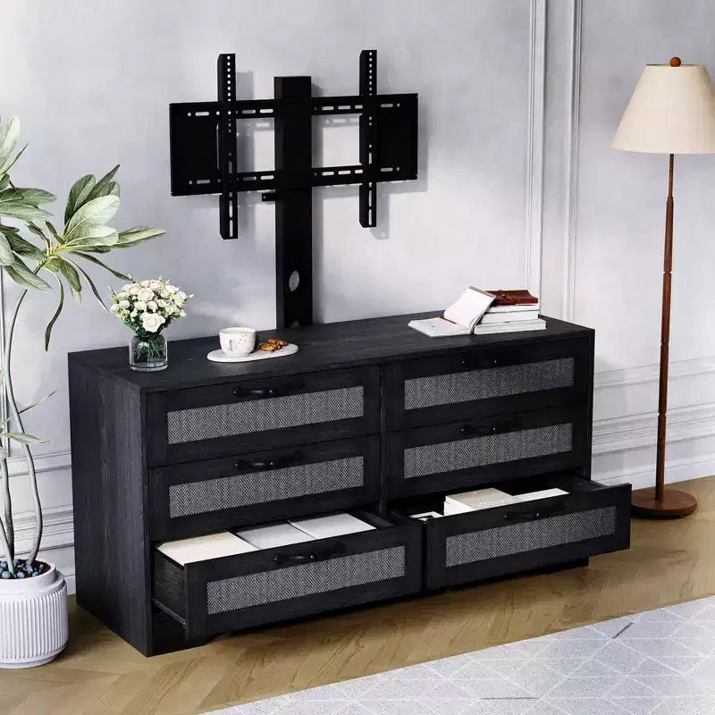 Modern TV Stand with Mount for 32-85 TVs  6-Drawer Rattan Dresser  Media Console with Generous Storage for Living Room or Bedroom