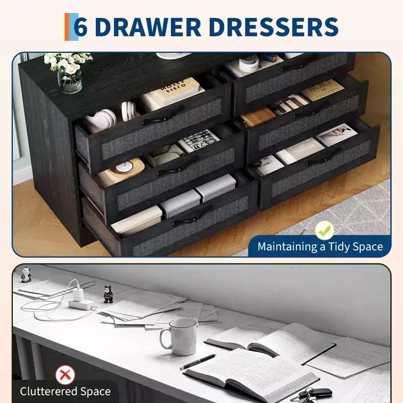 Modern TV Stand with Mount for 32-85 TVs  6-Drawer Rattan Dresser  Media Console with Generous Storage for Living Room or Bedroom