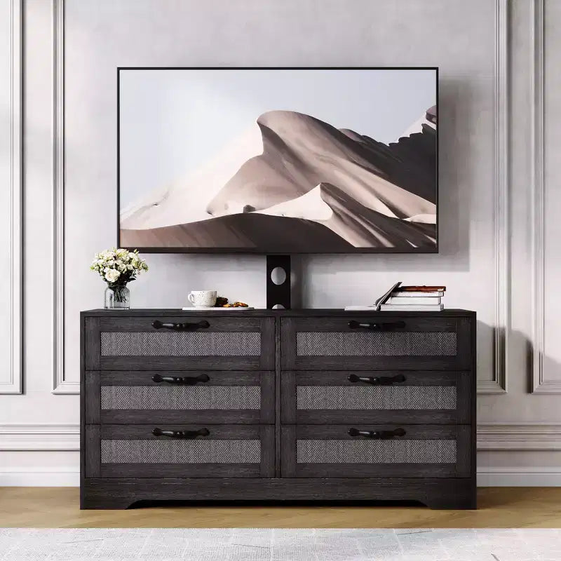 Modern TV Stand with Mount for 32-85 TVs  6-Drawer Rattan Dresser  Media Console with Generous Storage for Living Room or Bedroom