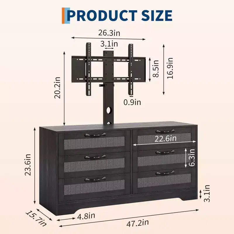 Modern TV Stand with Mount for 32-85 TVs  6-Drawer Rattan Dresser  Media Console with Generous Storage for Living Room or Bedroom