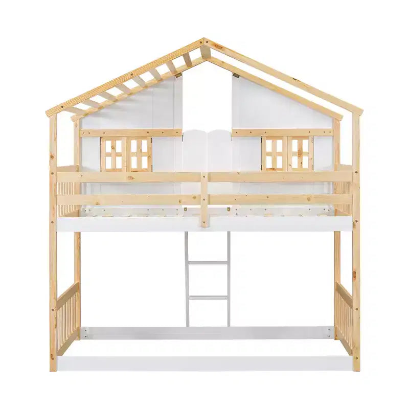 House Shaped Bunk Bed Twin over Twin with Roof and Windows for Kids, Wood Floor Bunk Bed Frame with Door, Ladder and Guardrail