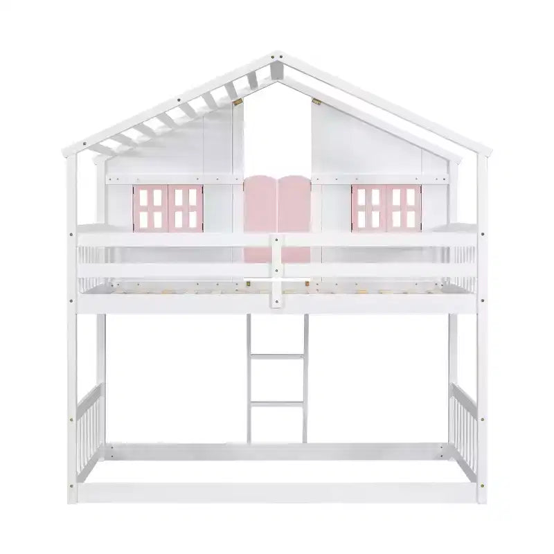 House Shaped Bunk Bed Twin over Twin with Roof and Windows for Kids, Wood Floor Bunk Bed Frame with Door, Ladder and Guardrail