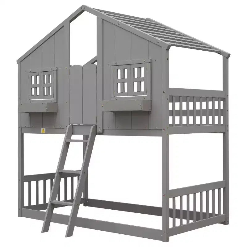 House Shaped Bunk Bed Twin over Twin with Roof and Windows for Kids, Wood Floor Bunk Bed Frame with Door, Ladder and Guardrail