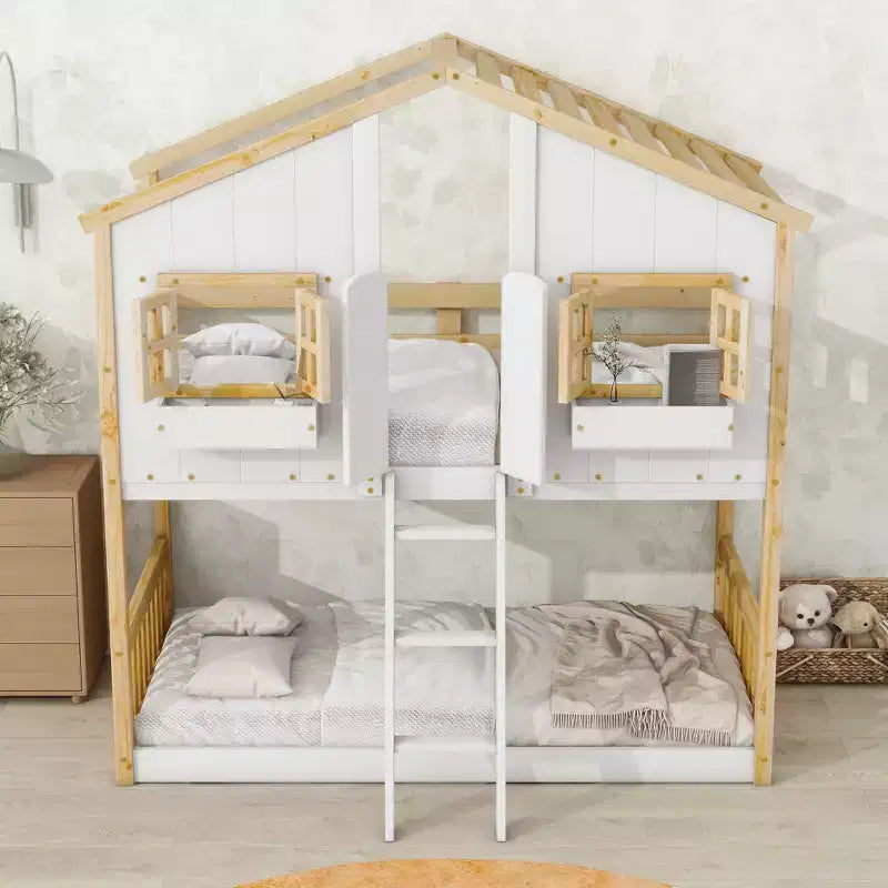 House Shaped Bunk Bed Twin over Twin with Roof and Windows for Kids, Wood Floor Bunk Bed Frame with Door, Ladder and Guardrail