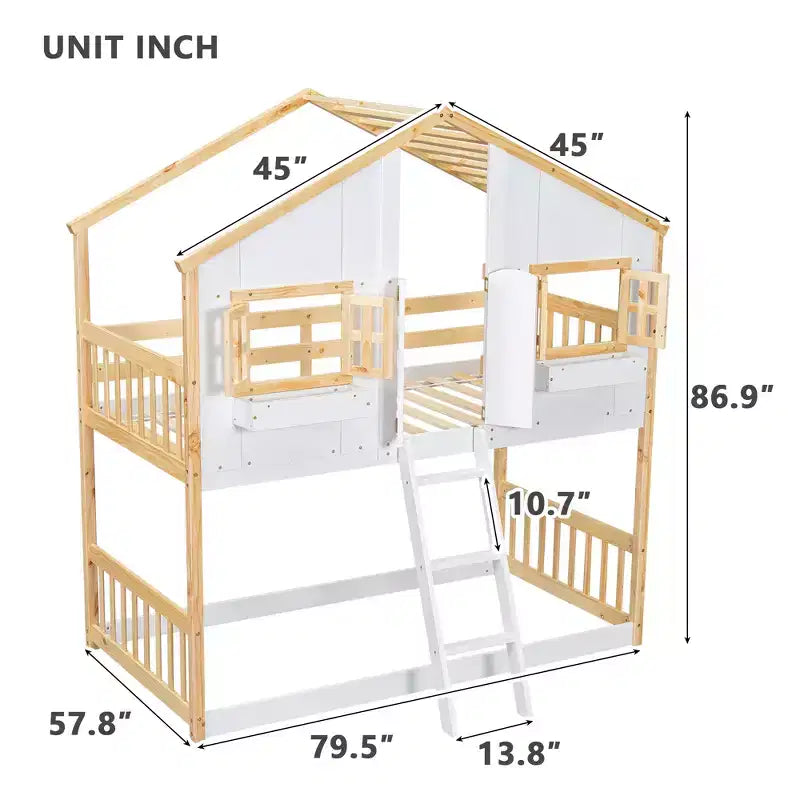 House Shaped Bunk Bed Twin over Twin with Roof and Windows for Kids, Wood Floor Bunk Bed Frame with Door, Ladder and Guardrail
