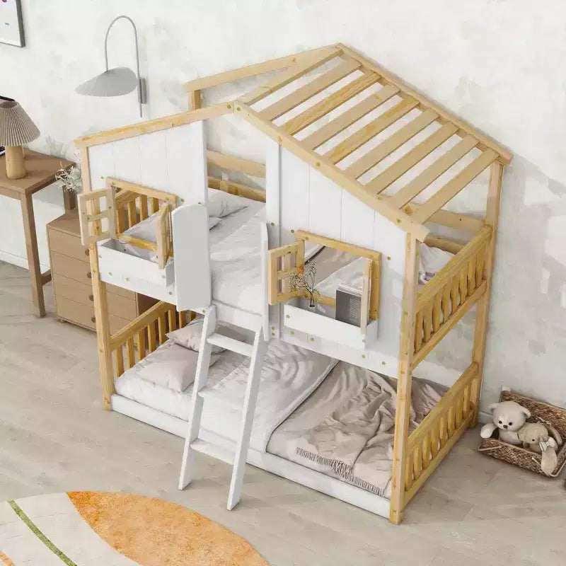 House Shaped Bunk Bed Twin over Twin with Roof and Windows for Kids, Wood Floor Bunk Bed Frame with Door, Ladder and Guardrail