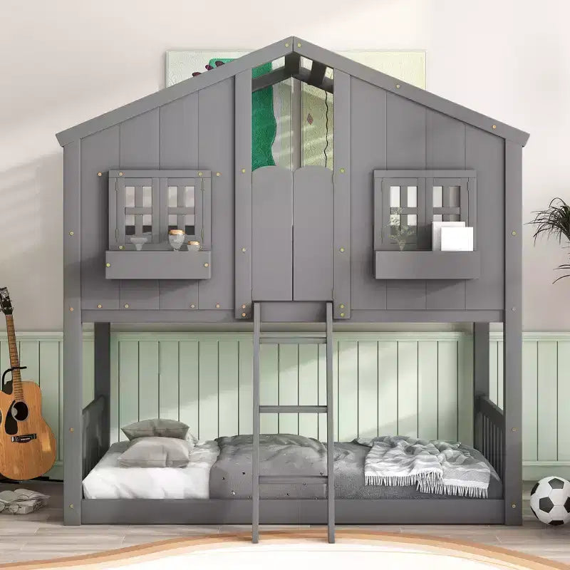 House Shaped Bunk Bed Twin over Twin with Roof and Windows for Kids, Wood Floor Bunk Bed Frame with Door, Ladder and Guardrail