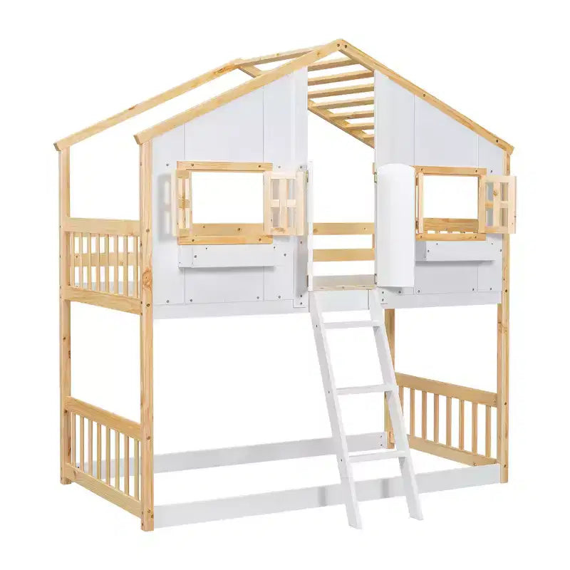 House Shaped Bunk Bed Twin over Twin with Roof and Windows for Kids, Wood Floor Bunk Bed Frame with Door, Ladder and Guardrail