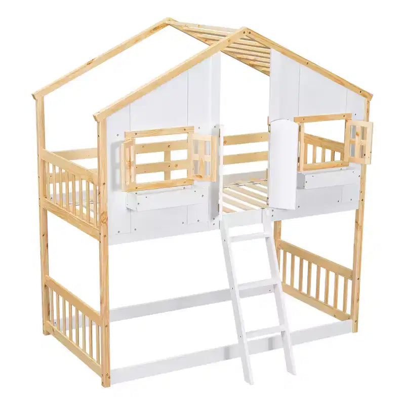 House Shaped Bunk Bed Twin over Twin with Roof and Windows for Kids, Wood Floor Bunk Bed Frame with Door, Ladder and Guardrail