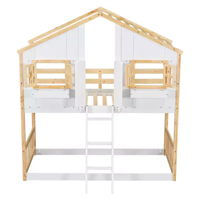 House Shaped Bunk Bed Twin over Twin with Roof and Windows for Kids, Wood Floor Bunk Bed Frame with Door, Ladder and Guardrail