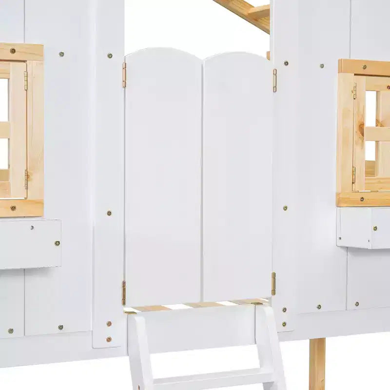 House Shaped Bunk Bed Twin over Twin with Roof and Windows for Kids, Wood Floor Bunk Bed Frame with Door, Ladder and Guardrail