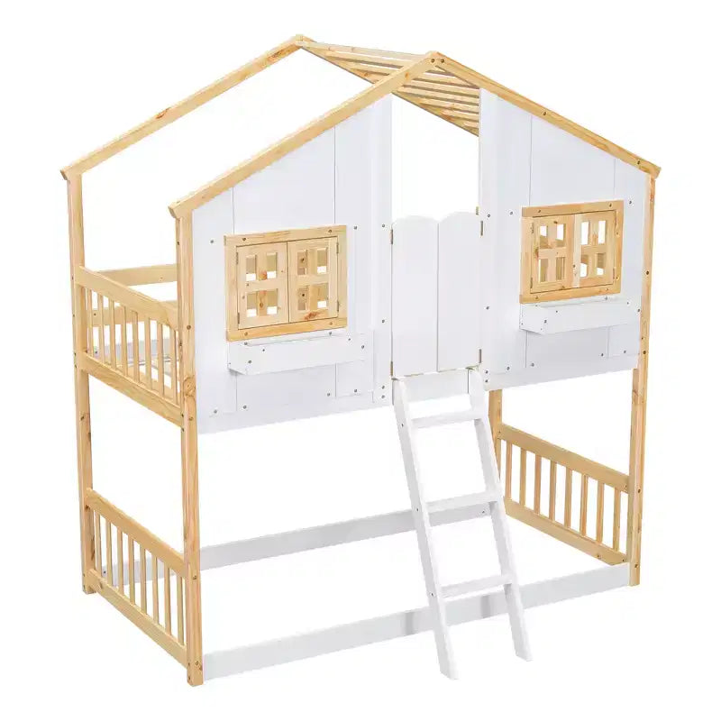 House Shaped Bunk Bed Twin over Twin with Roof and Windows for Kids, Wood Floor Bunk Bed Frame with Door, Ladder and Guardrail