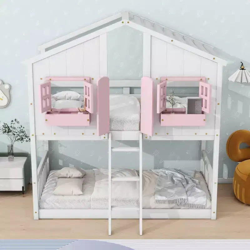 House Shaped Bunk Bed Twin over Twin with Roof and Windows for Kids, Wood Floor Bunk Bed Frame with Door, Ladder and Guardrail