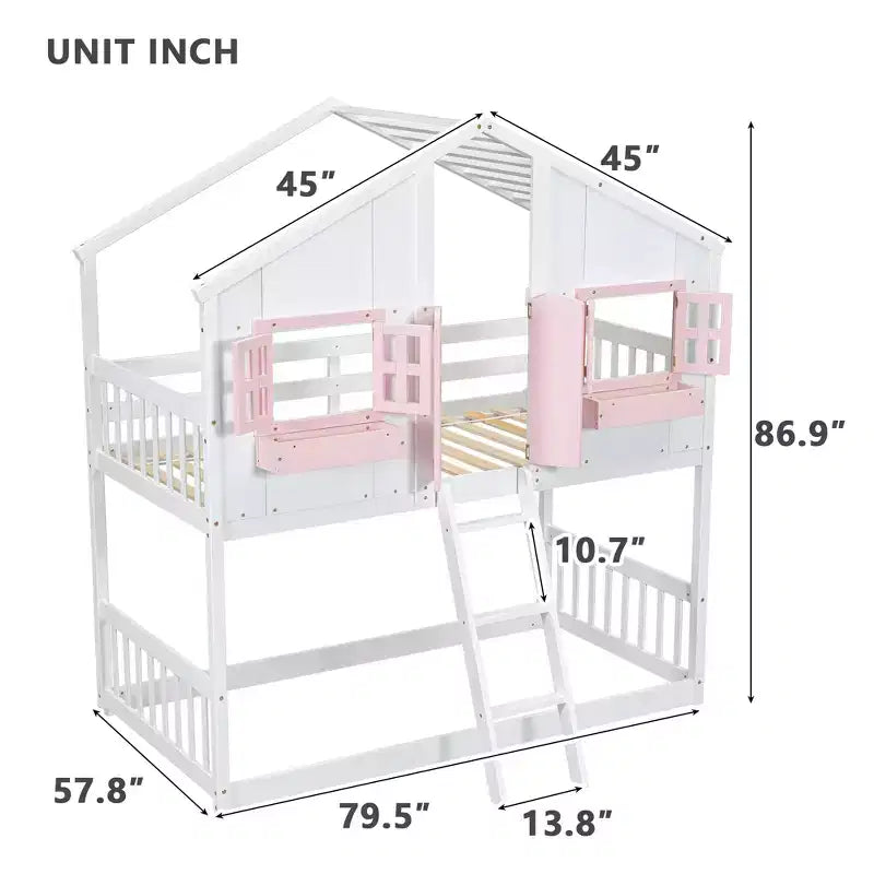 House Shaped Bunk Bed Twin over Twin with Roof and Windows for Kids, Wood Floor Bunk Bed Frame with Door, Ladder and Guardrail