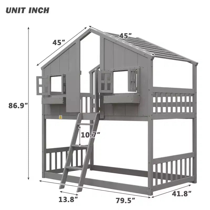 House Shaped Bunk Bed Twin over Twin with Roof and Windows for Kids, Wood Floor Bunk Bed Frame with Door, Ladder and Guardrail