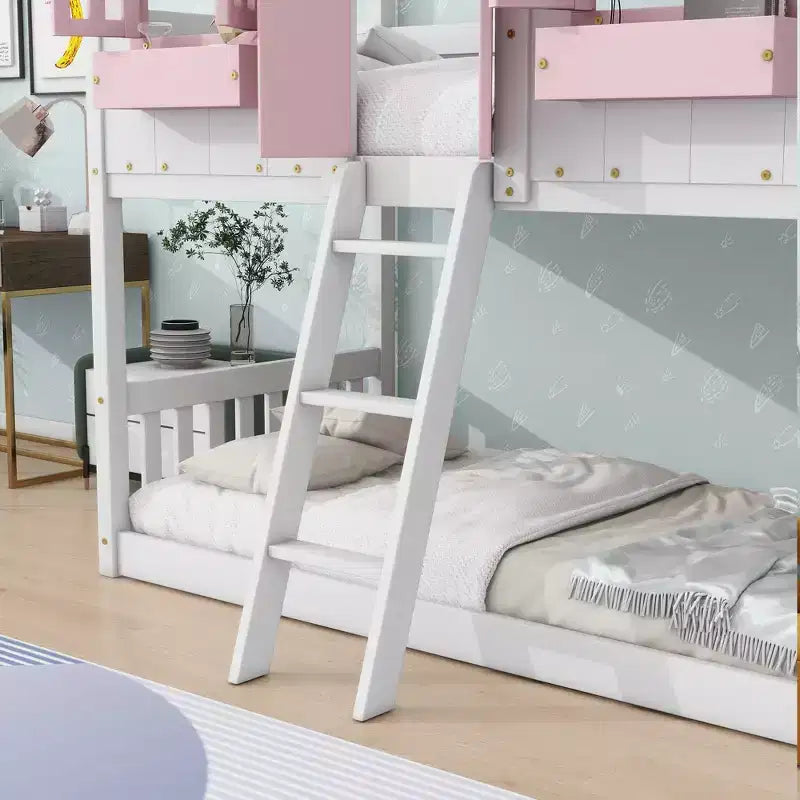 House Shaped Bunk Bed Twin over Twin with Roof and Windows for Kids, Wood Floor Bunk Bed Frame with Door, Ladder and Guardrail