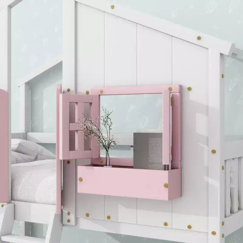 House Shaped Bunk Bed Twin over Twin with Roof and Windows for Kids, Wood Floor Bunk Bed Frame with Door, Ladder and Guardrail