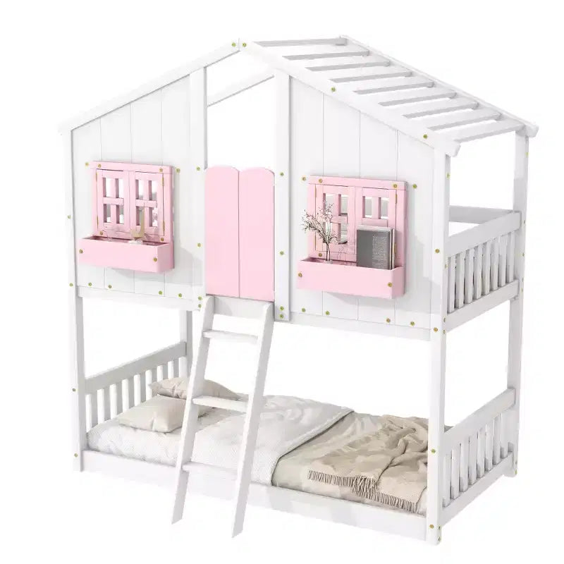 House Shaped Bunk Bed Twin over Twin with Roof and Windows for Kids, Wood Floor Bunk Bed Frame with Door, Ladder and Guardrail