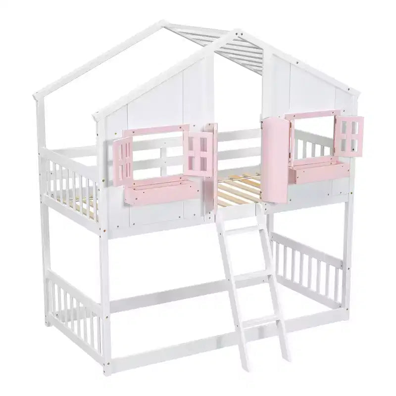 House Shaped Bunk Bed Twin over Twin with Roof and Windows for Kids, Wood Floor Bunk Bed Frame with Door, Ladder and Guardrail