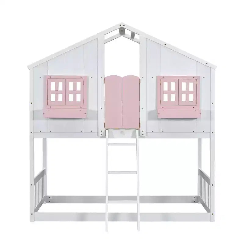 House Shaped Bunk Bed Twin over Twin with Roof and Windows for Kids, Wood Floor Bunk Bed Frame with Door, Ladder and Guardrail
