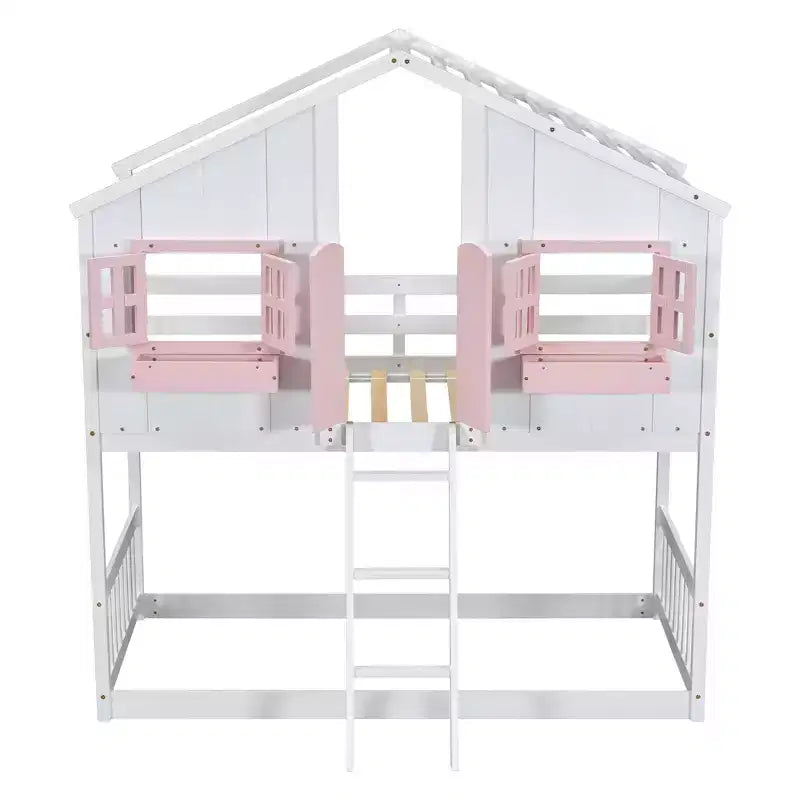 House Shaped Bunk Bed Twin over Twin with Roof and Windows for Kids, Wood Floor Bunk Bed Frame with Door, Ladder and Guardrail