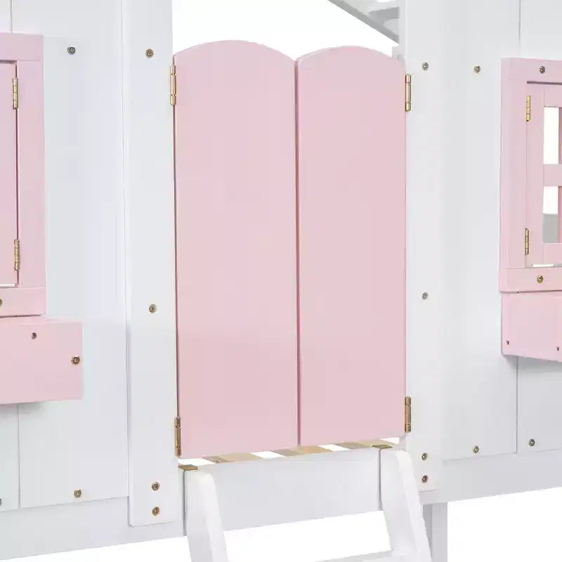House Shaped Bunk Bed Twin over Twin with Roof and Windows for Kids, Wood Floor Bunk Bed Frame with Door, Ladder and Guardrail