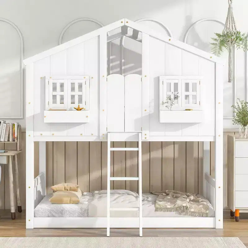 House Shaped Bunk Bed Twin over Twin with Roof and Windows for Kids, Wood Floor Bunk Bed Frame with Door, Ladder and Guardrail