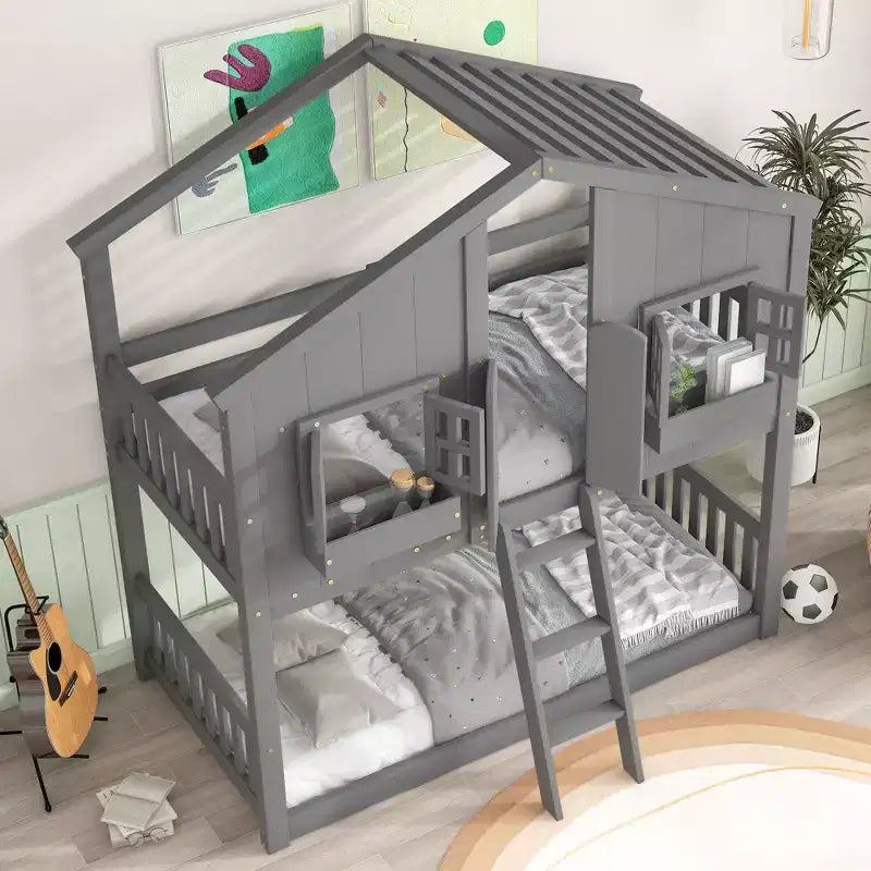 House Shaped Bunk Bed Twin over Twin with Roof and Windows for Kids, Wood Floor Bunk Bed Frame with Door, Ladder and Guardrail